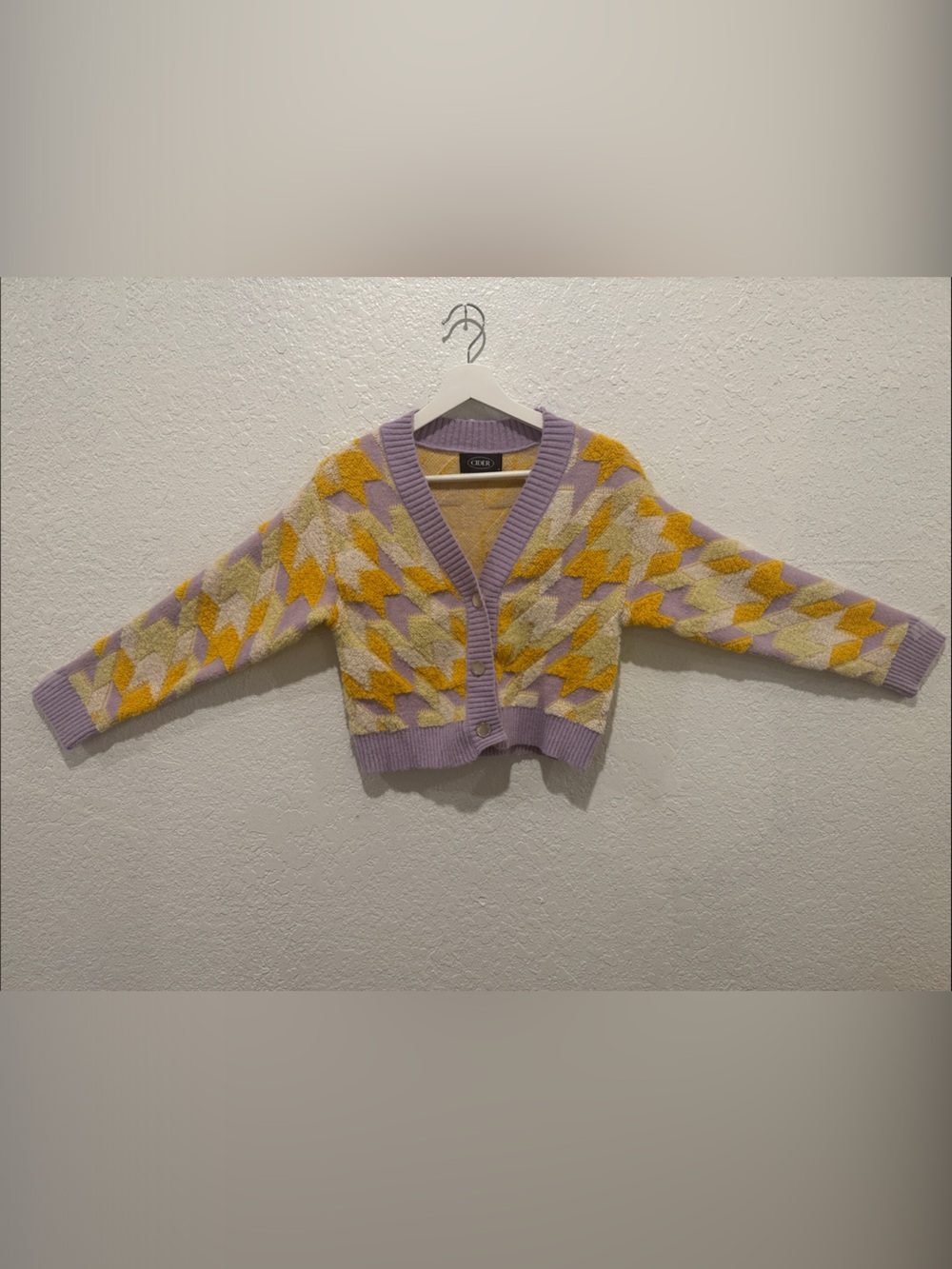 Cider Lavender Yellow Cream Houndstooth Cropped Cardigan